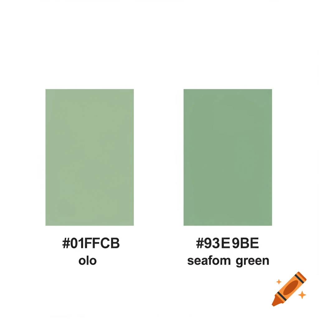 Two side-by-side color swatches labeled #01FFCB olo and #93E9BE seafoam green.