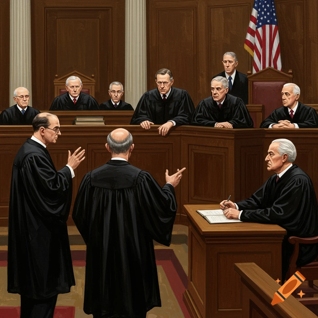 A courtroom scene with judges and lawyers