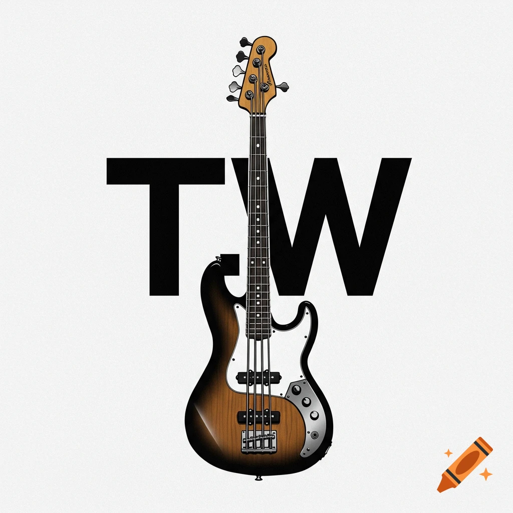 Illustration of an electric bass guitar in front of the large letters T.W.