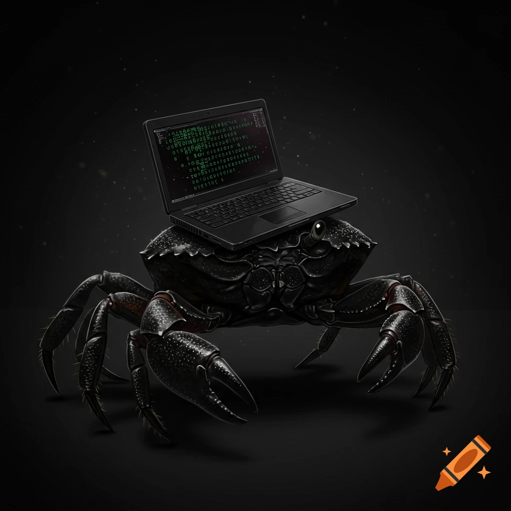 A black crab with a black laptop on its head.