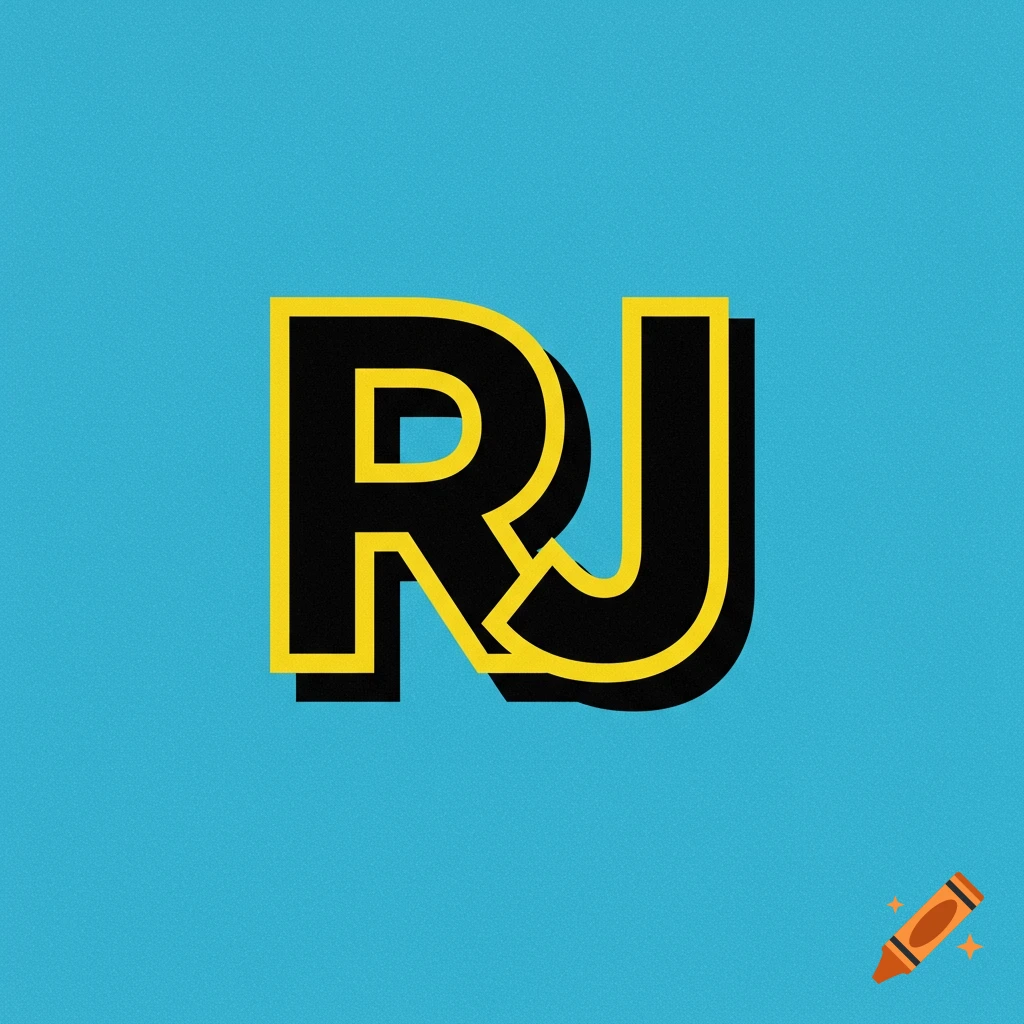 Bold black letters RJ with yellow outline and shadow on a blue background.