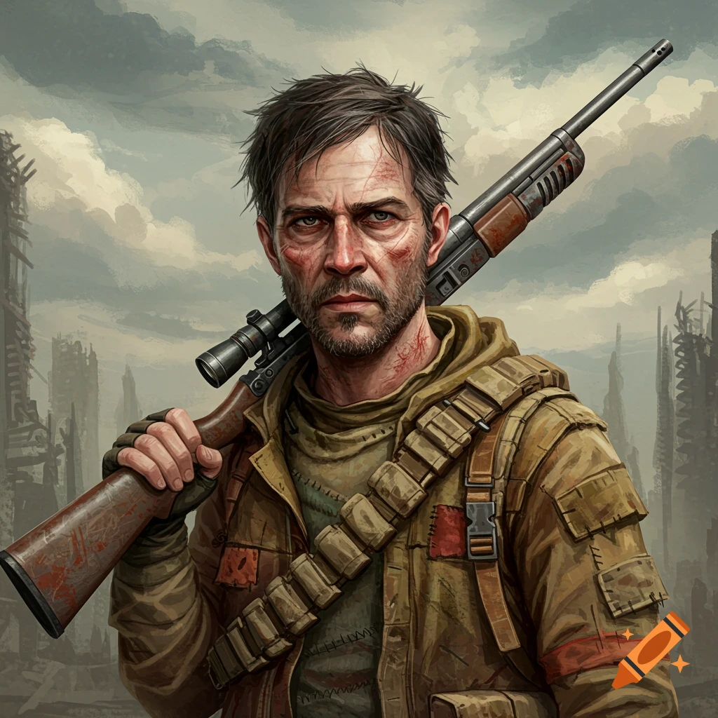 A grizzled man with a rifle slung over his shoulder stands in a ruined city.