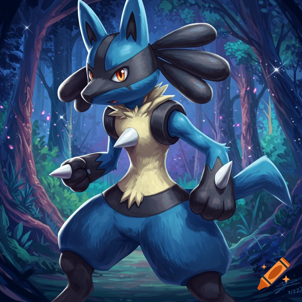 A Pok


émon Lucario standing in a dark forest