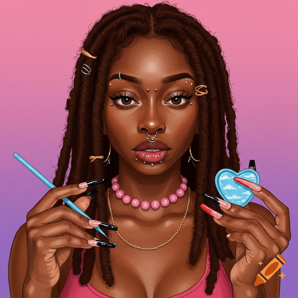 Black woman with locs and facial piercings holding a brush and heart dish against a gradient background.