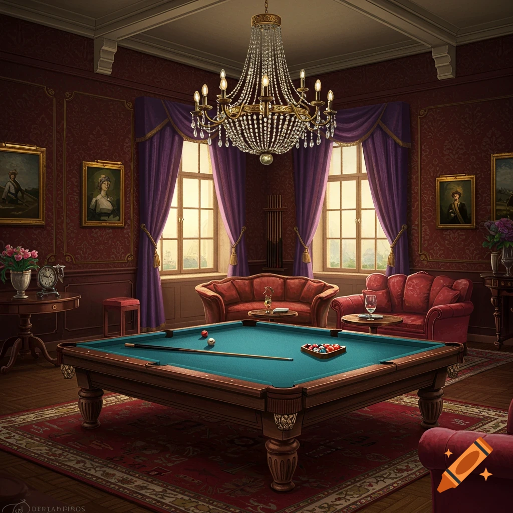 A luxurious pool room features a billiard table, red sofas, purple curtains, and a chandelier.