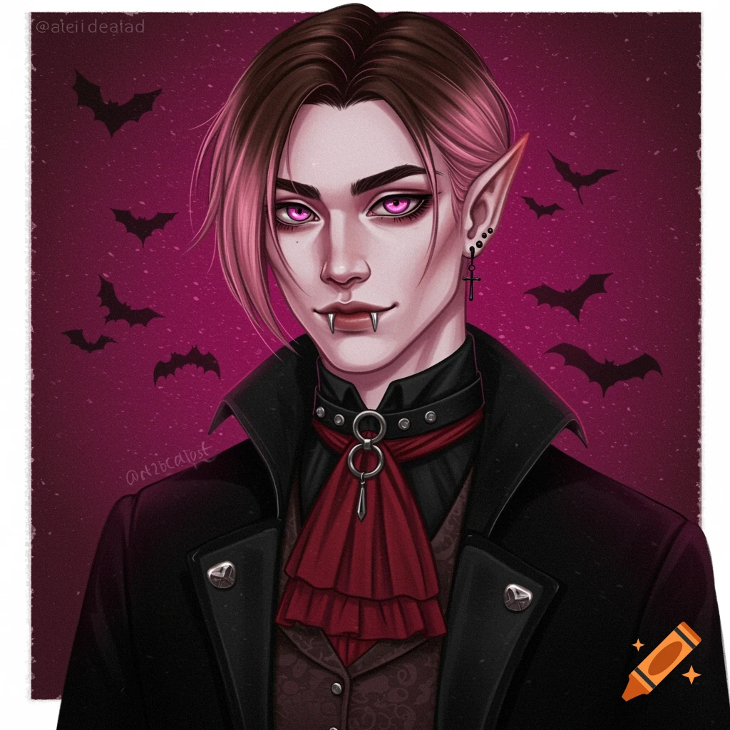 A gothic-style portrait of a male vampire with fangs and pointed ears, with bats in the background.