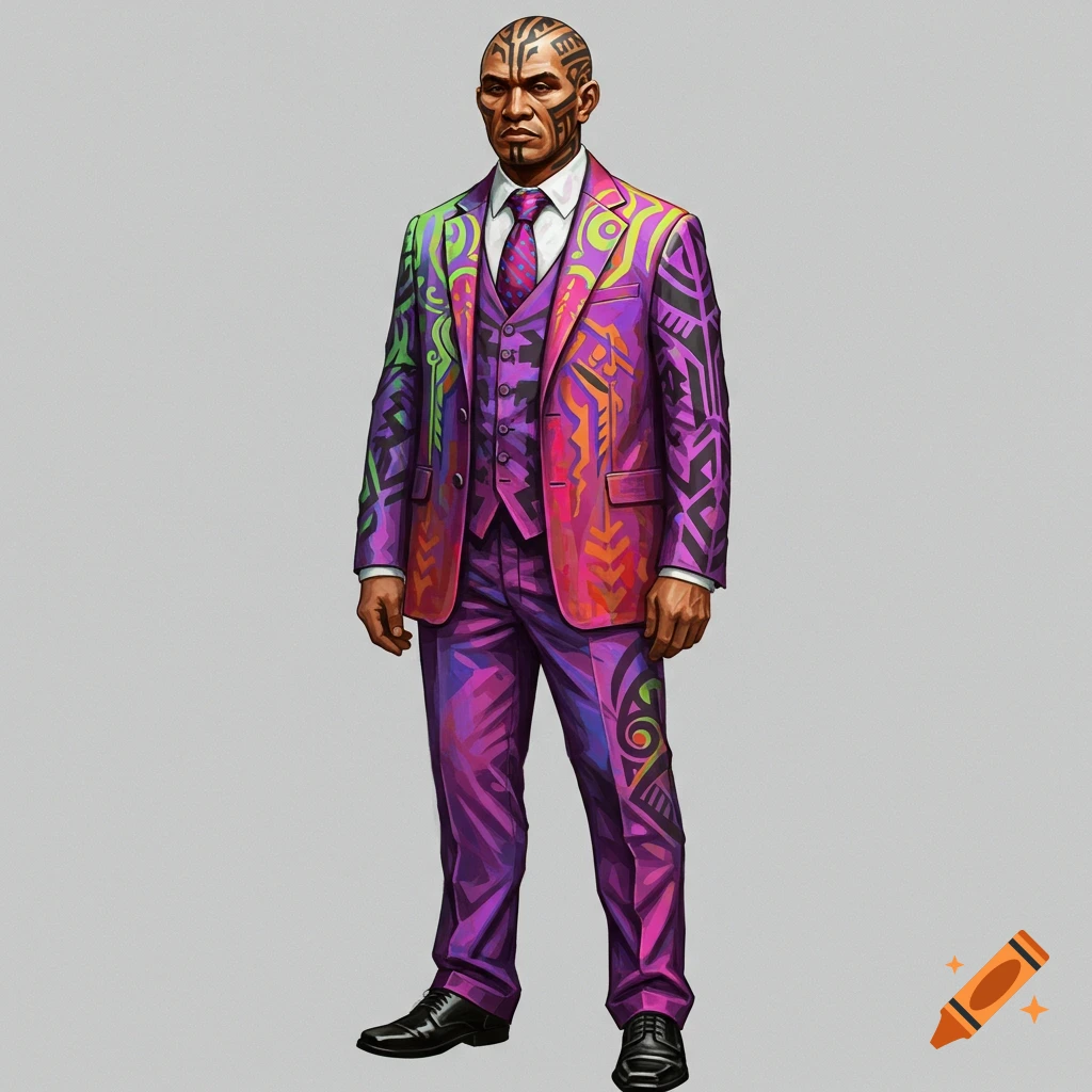 Image of a man with tribal head tattoos wearing a bright, patterned neon suit.