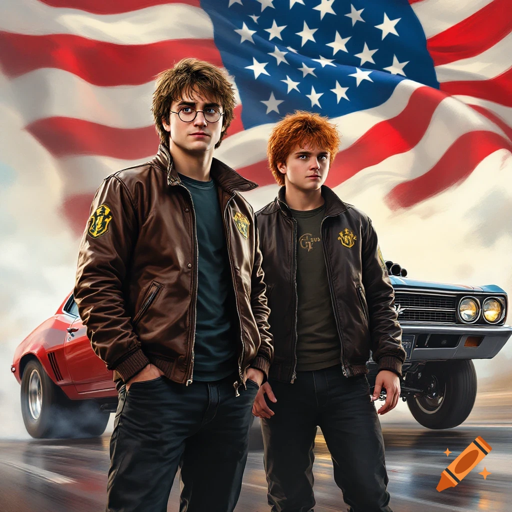Two young men in leather jackets stand in front of drag cars with an American flag behind them.