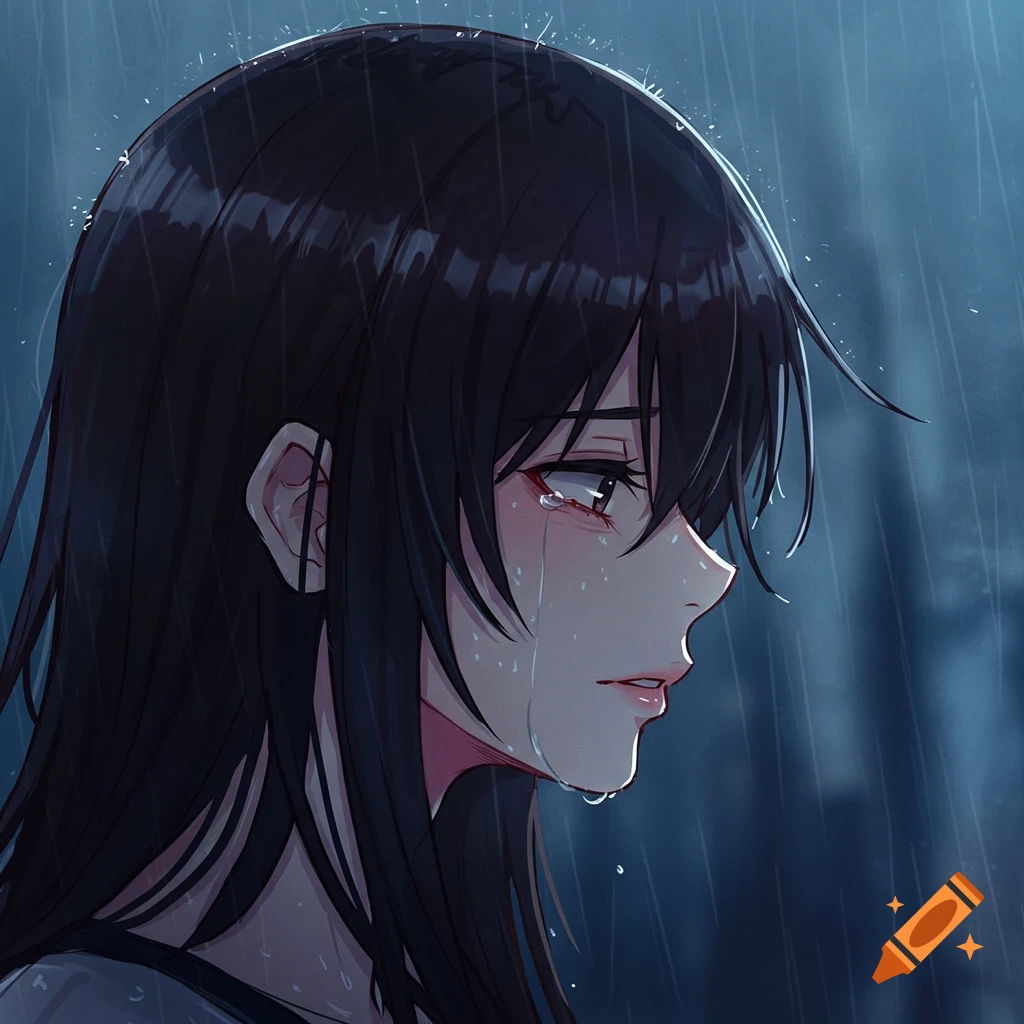 Anime drawing of a person crying in the rain