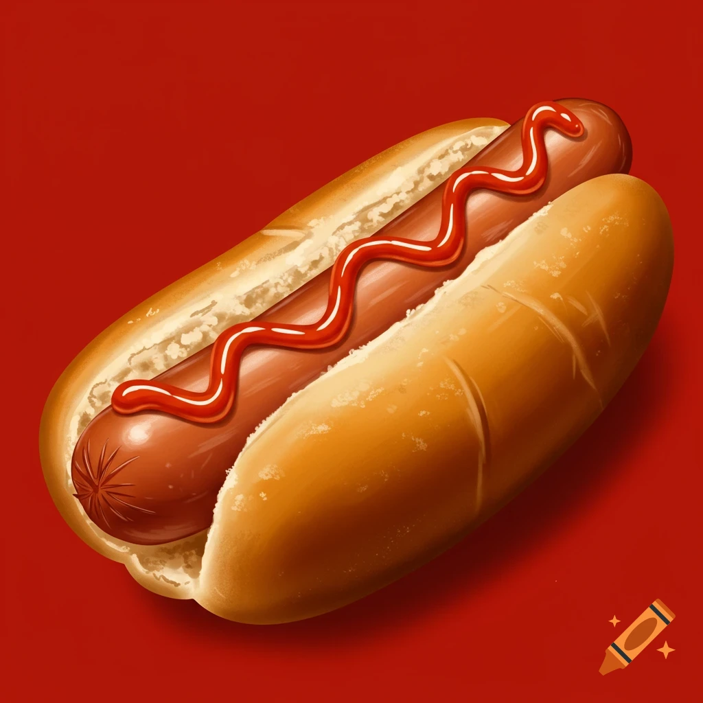 A hot dog with ketchup on a red background.