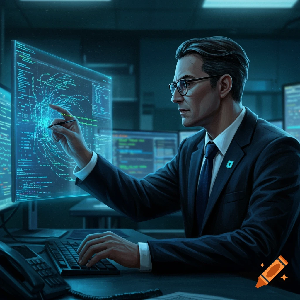 A man in a suit working at computers displaying data.