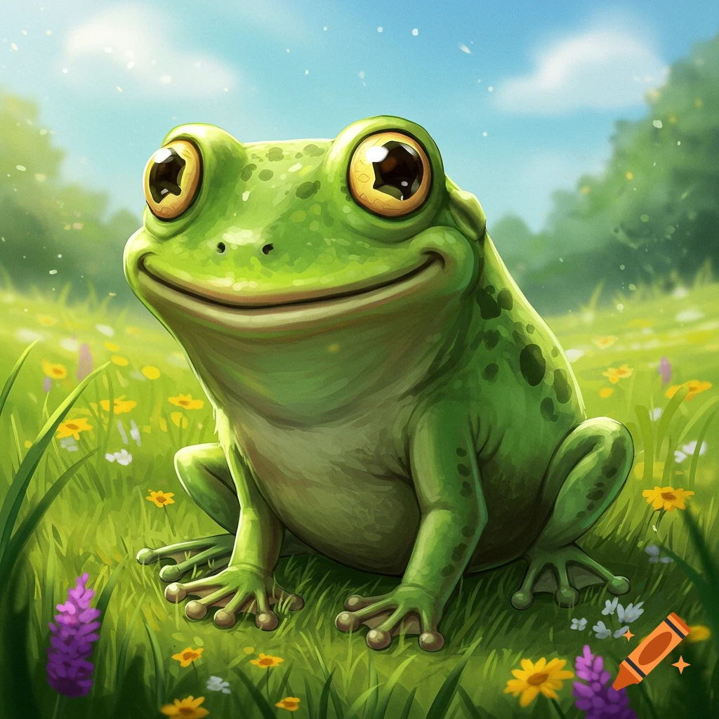 A cartoon frog sitting in a grassy field with flowers under a blue sky.