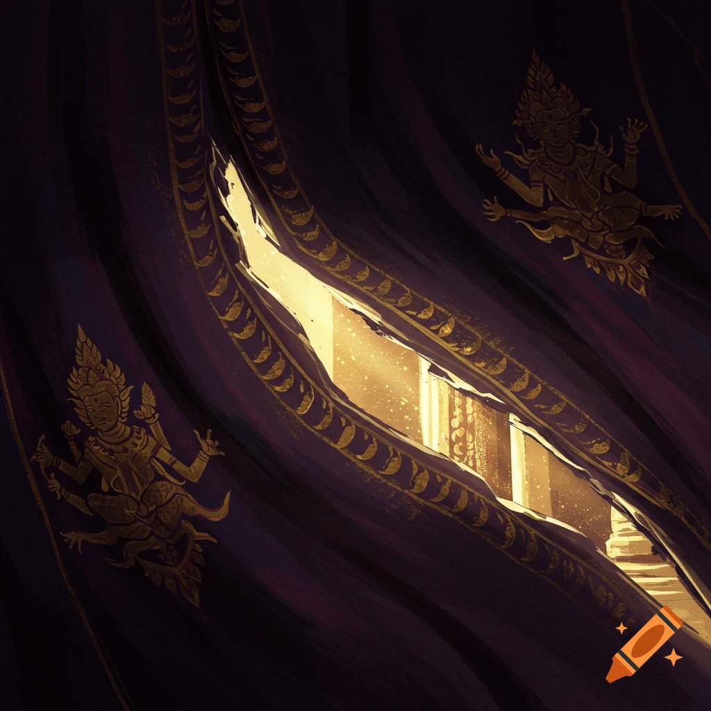 A torn purple temple curtain with gold patterns reveals a brightly lit passage behind it.