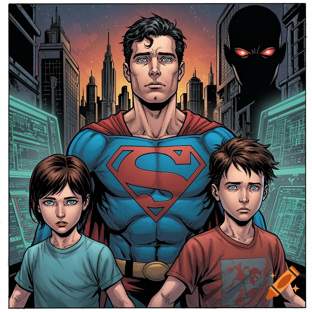 Superman and two children stand before a cityscape with screens, a shadowy figure behind them, comic book style.
