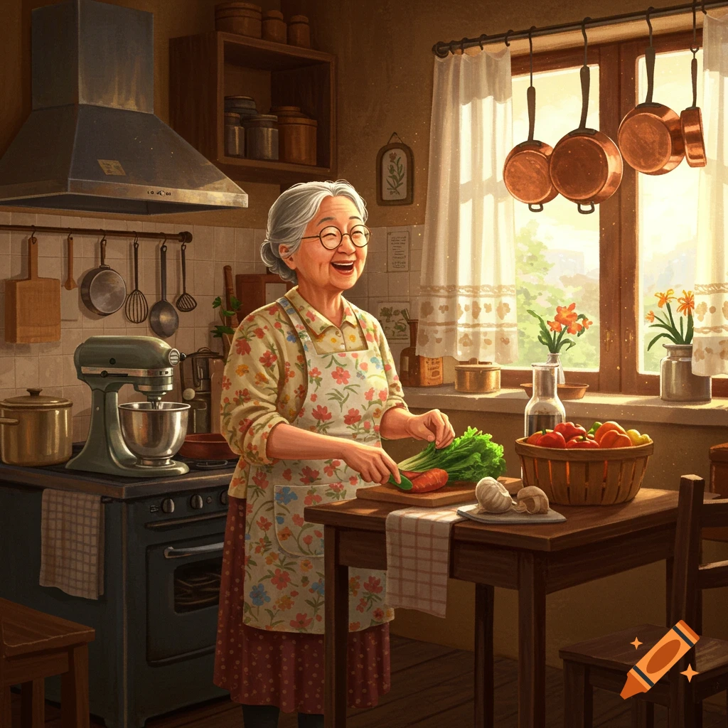 Happy elderly woman chopping vegetables in a sunny kitchen