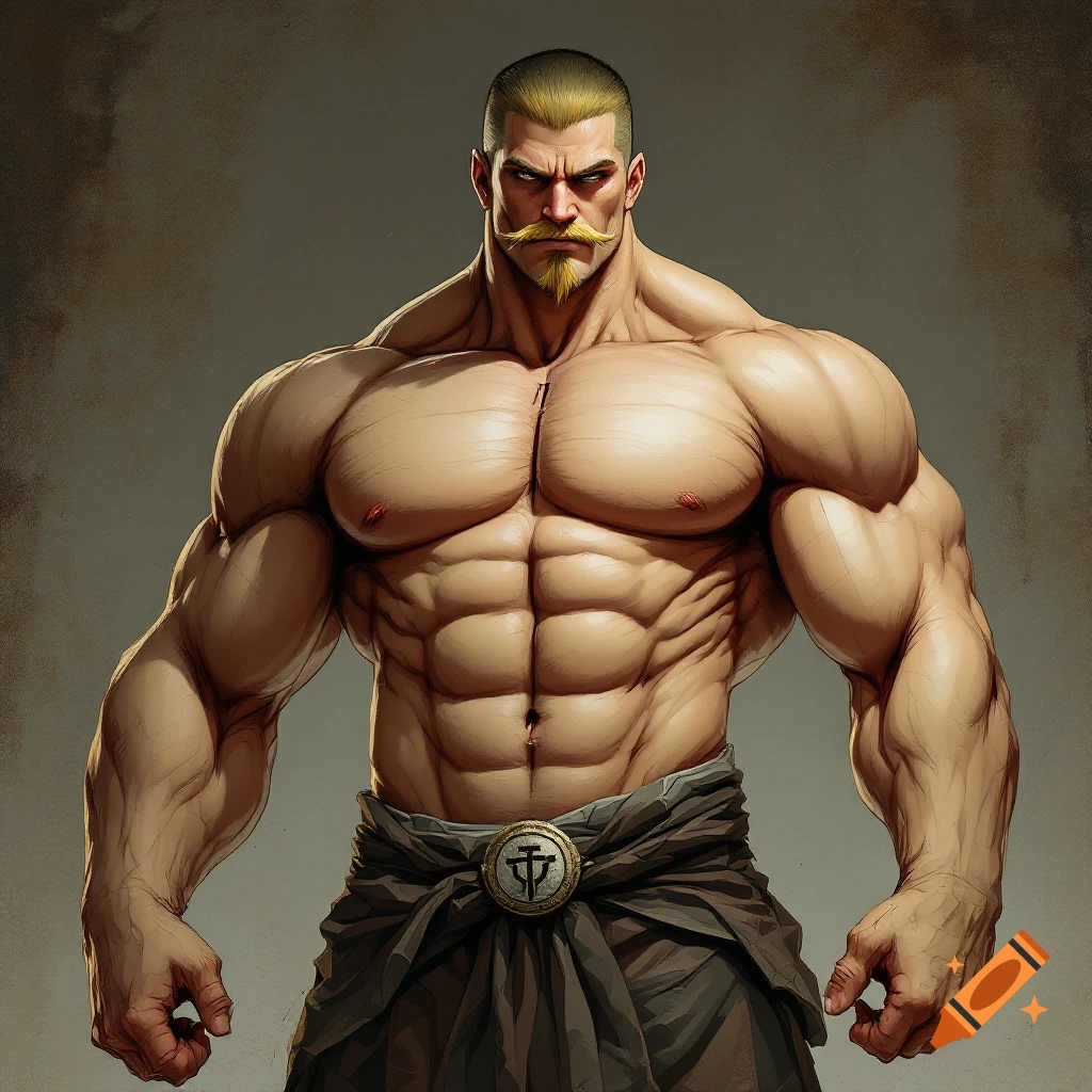 Extremely muscular man with blonde mustache wearing a brown cloth around his waist.