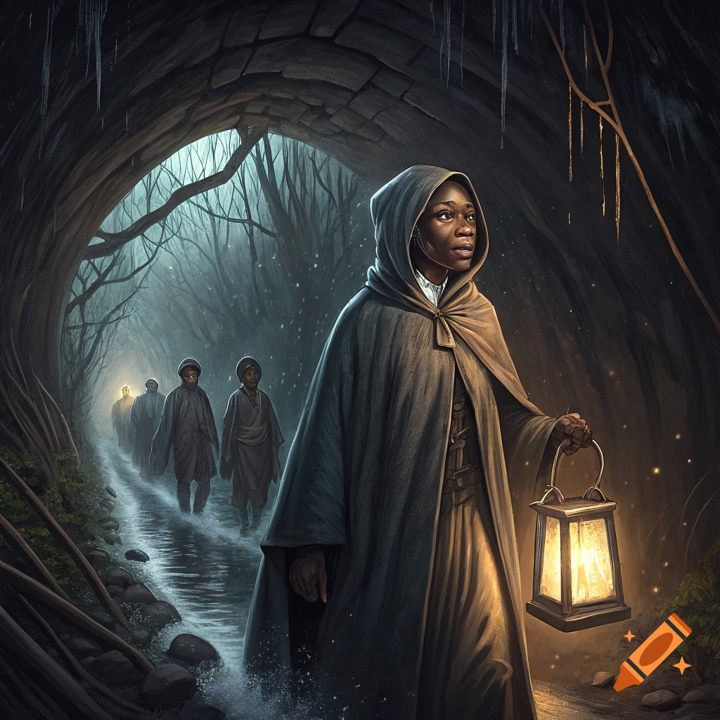 A woman with a lantern leads people through a dark, wintry tunnel in an illustration.