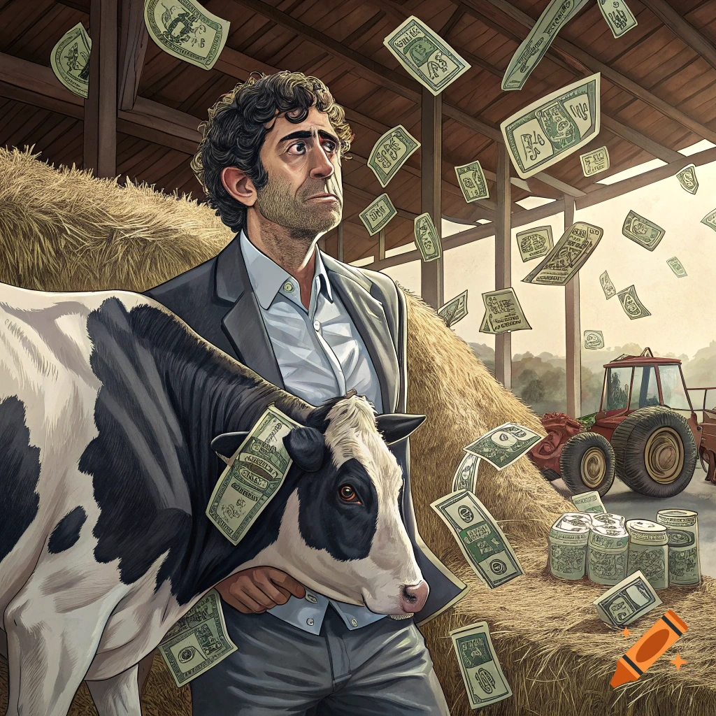 Illustrative image of a man in a suit holding a cow in a barn as dollar bills rain down.