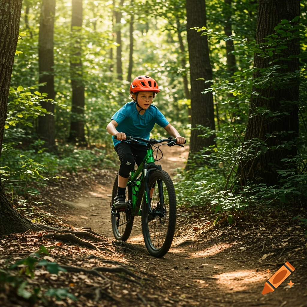 A boy in an orange helmet rides a green and black mountain bike on a sunlit forest trail.