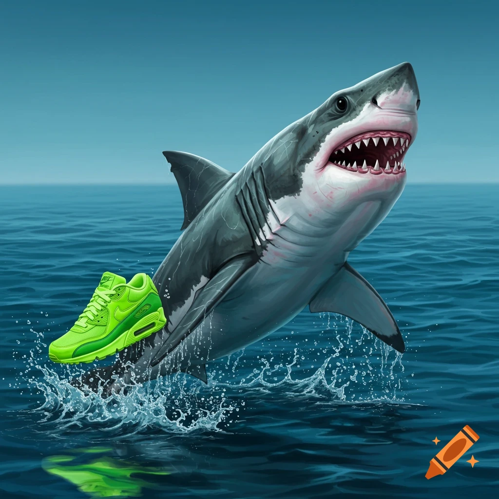 A shark jumping from the ocean surface with a bright green sneaker attached.
