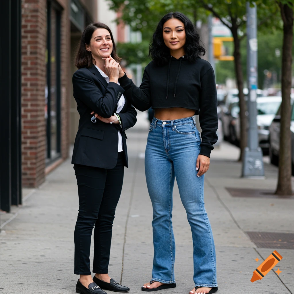 Two women stand on a sidewalk in an urban setting.
