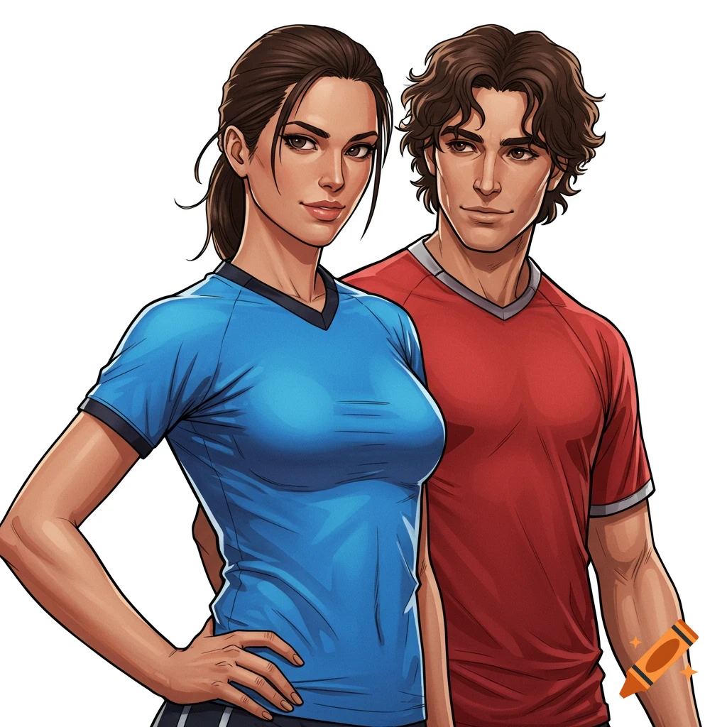 Illustration of a woman in a blue sports jersey and a man in a red sports jersey standing together.