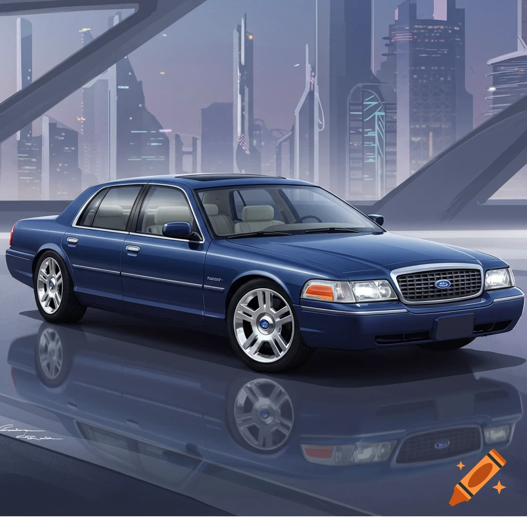 A blue Ford Crown Victoria concept car is parked on a reflective surface in front of a futuristic city skyline.