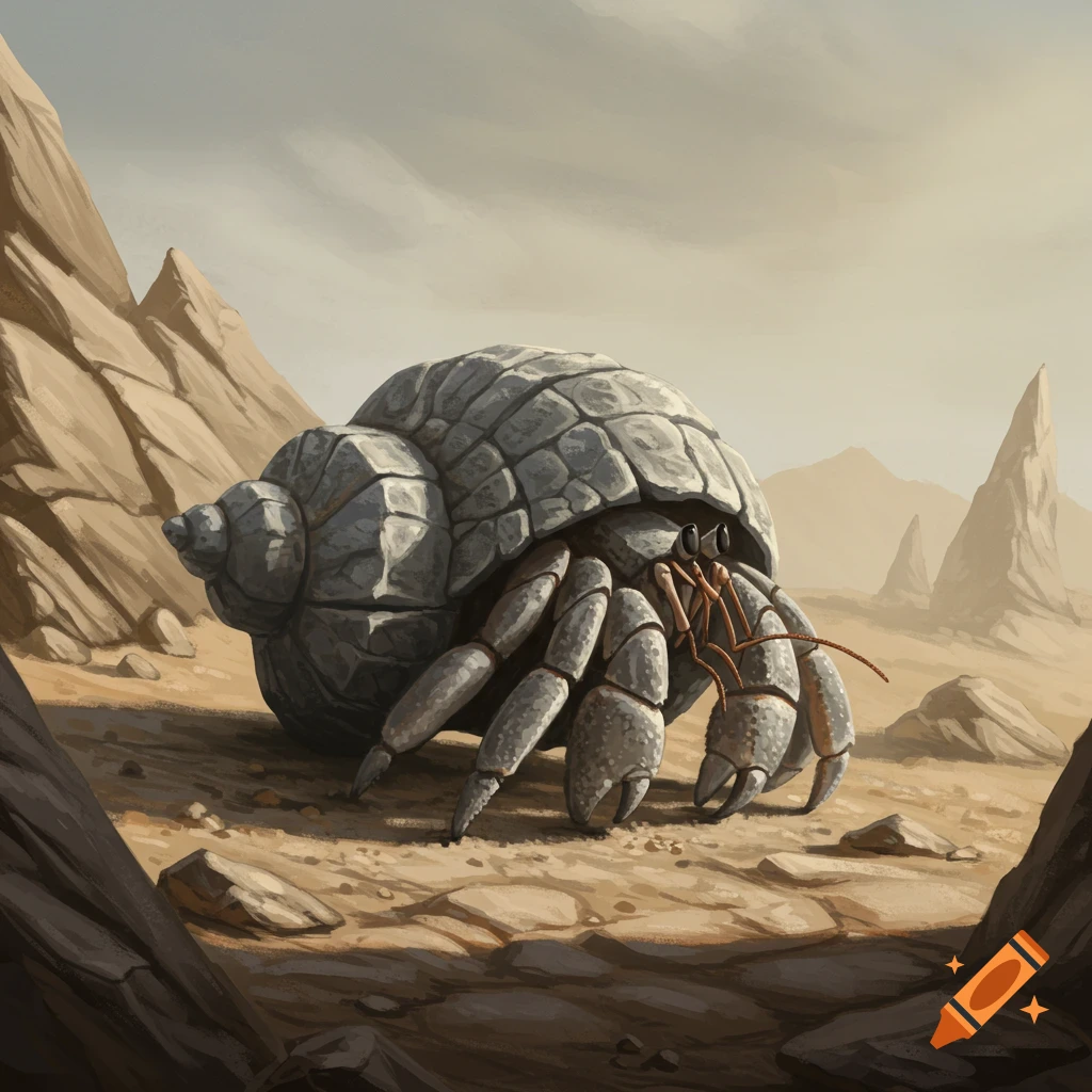 A large hermit crab with a rock shell in a rocky desert landscape.