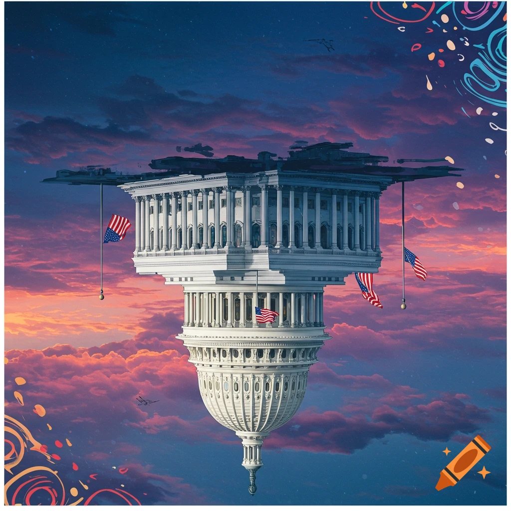 The US Capitol building reversed and suspended upside down in a sunset sky with American flags.