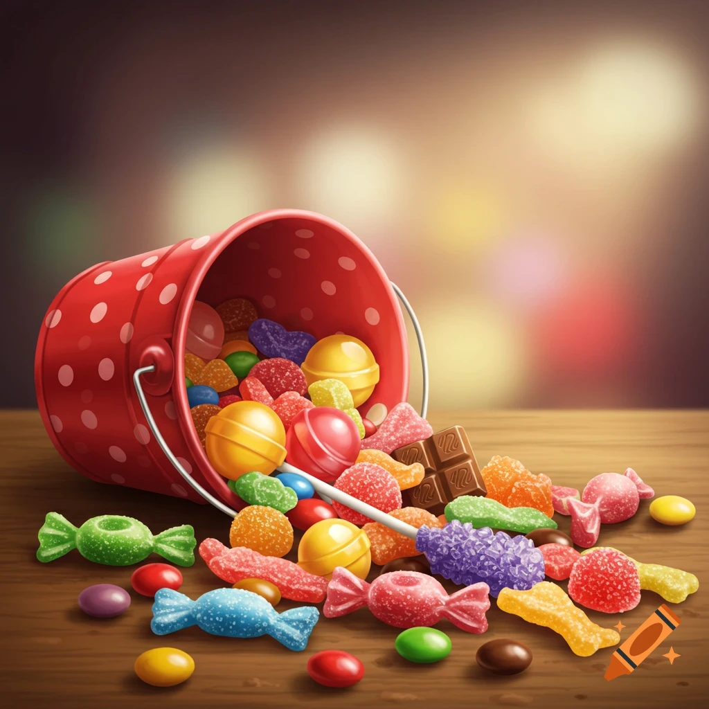 A red and white polka dot bucket tipped over, spilling colorful candy including lollipops, gummies, and chocolate onto a wooden table.