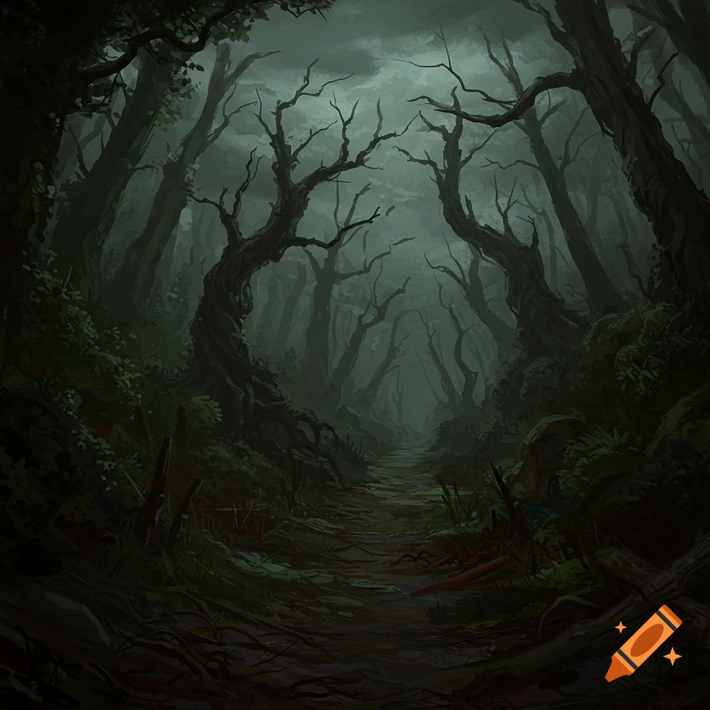 A dark, spooky forest path with gnarled trees under a cloudy sky.