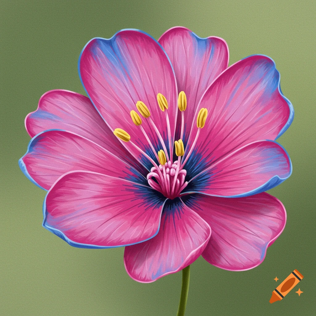 A pink and blue flower with yellow stamen.