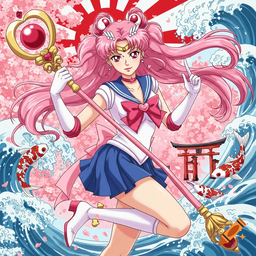 Anime character in Sailor Guardian uniform with staff, surrounded by waves, koi, cherry blossoms, torii gate, and rising sun.