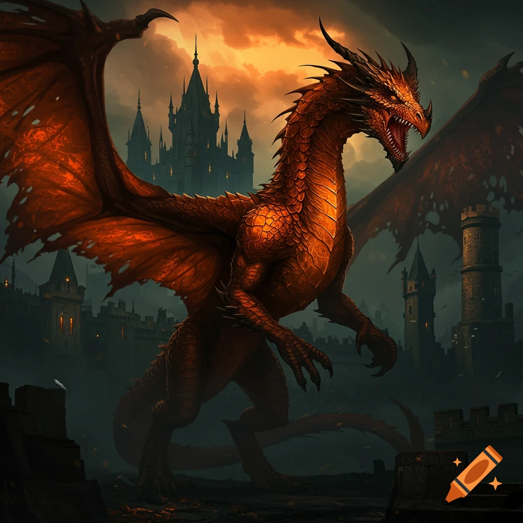 A large, red-orange dragon stands with wings spread before a dark castle and city skyline under a stormy orange sky.