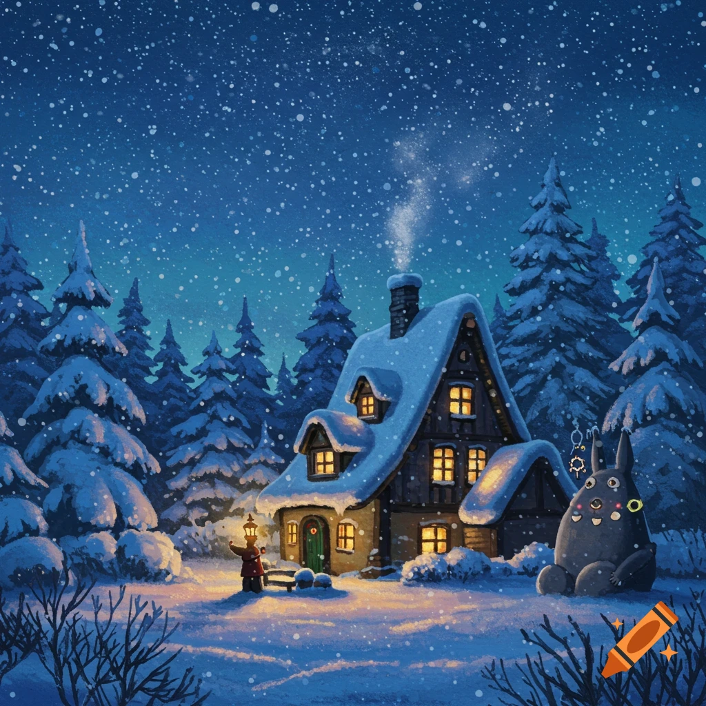 A cozy snow-covered cottage nestled in a winter forest at night, with a large creature and a small figure holding a lantern.