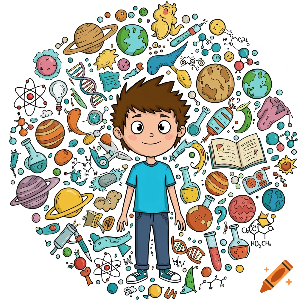 Cartoon illustration of a boy surrounded by planets, atoms, beakers, and other science icons.