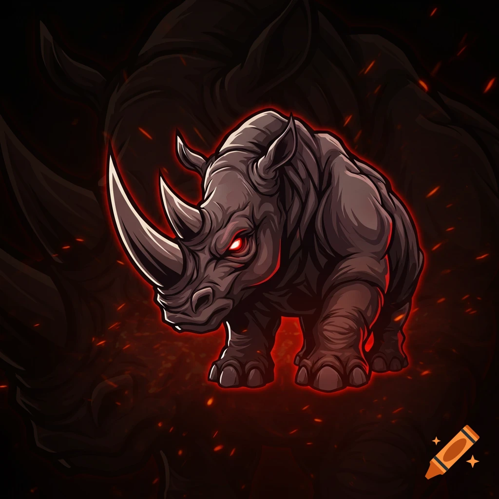 Stylized illustration of a dark grey rhino with glowing red eyes, surrounded by red sparks.