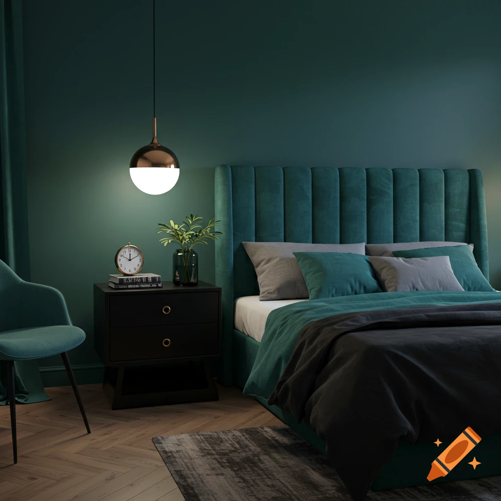 A bedroom interior with a dark green wall, teal bed, black nightstand, teal chair, and rug.