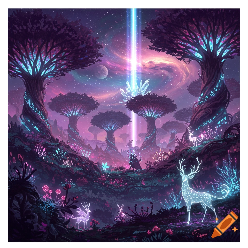 A vibrant fantasy landscape with glowing trees, crystalline structures, illuminated deer, and a cosmic sky.