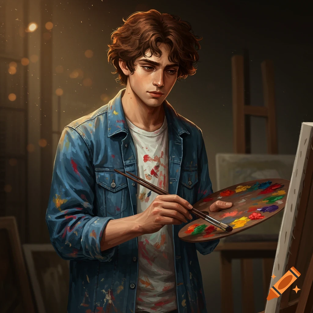 A young man with paint splattered clothes and jacket, holding a brush and palette in an art studio.