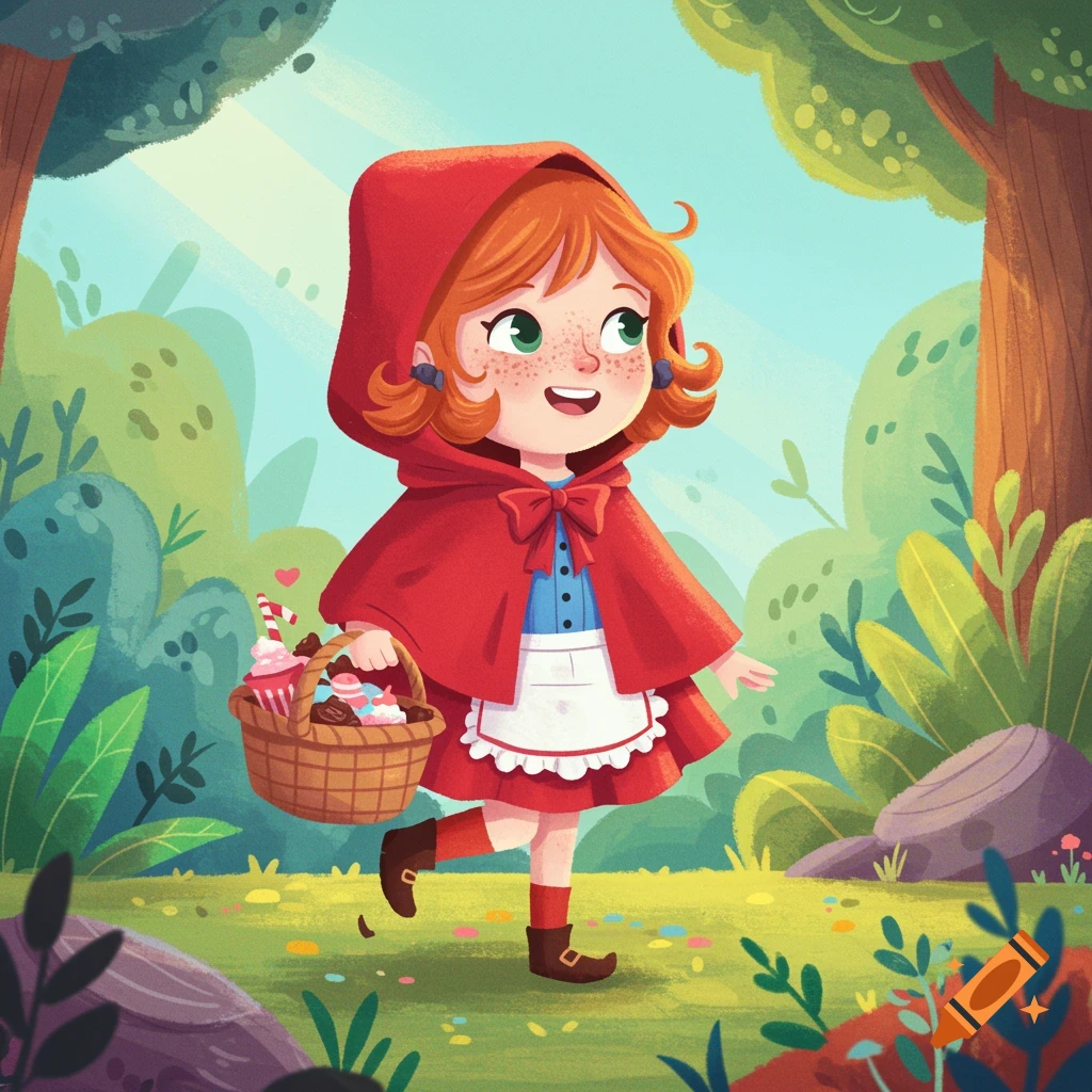A whimsical cartoon illustration of a girl dressed as Little Red Riding Hood walking in a forest, holding a basket of treats.