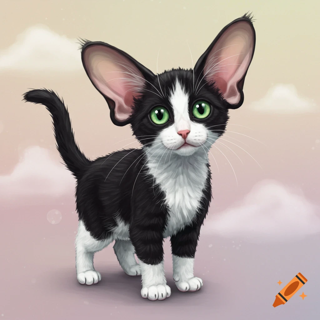 Painting of a tuxedo kitten with large ears standing.