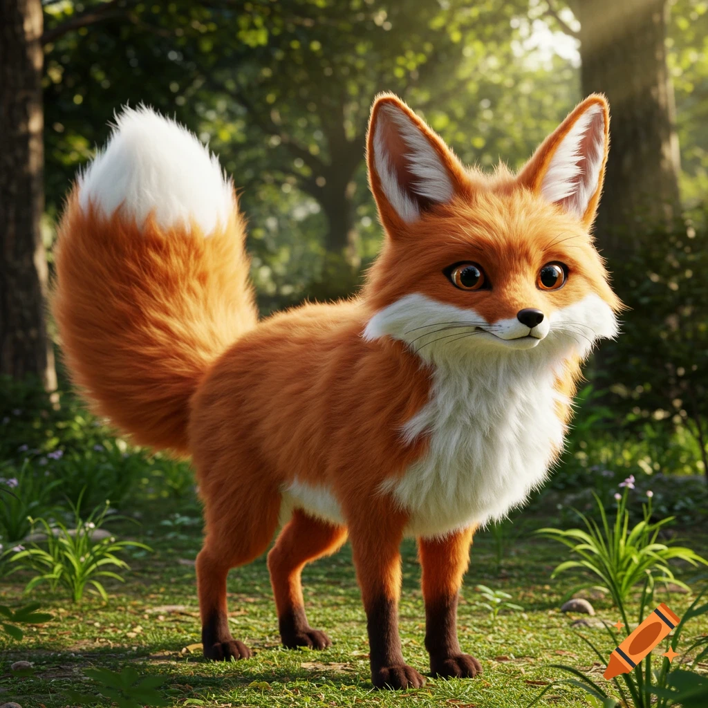 A 3D rendering of a cute cartoon fox standing in a sunny forest.