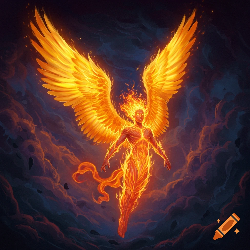 A fiery angel with large wings descends through dark clouds.
