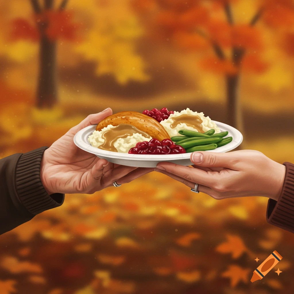 Hands passing a plate of Thanksgiving food against an autumn background