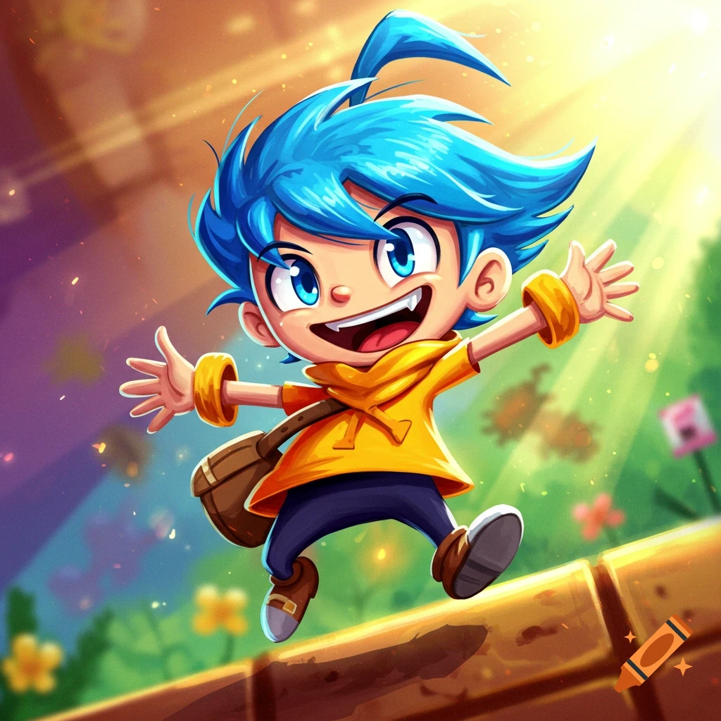 A happy cartoon boy with blue hair in a yellow shirt is jumping with arms wide open in a bright scene.