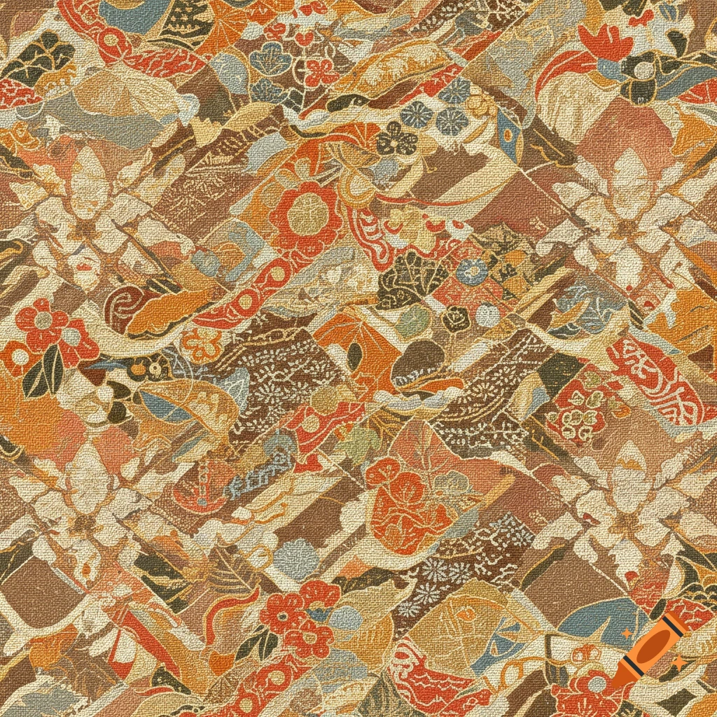 Seamless Japanese fabric texture with floral and geometric patterns