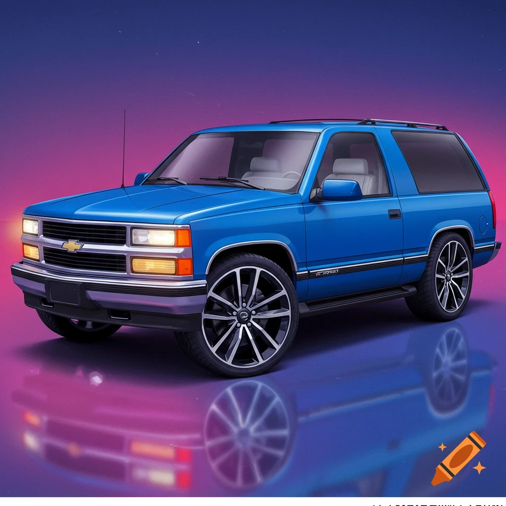 Blue 1995 Chevy Tahoe SUV with large custom wheels parked with reflection against a starry purple sky.