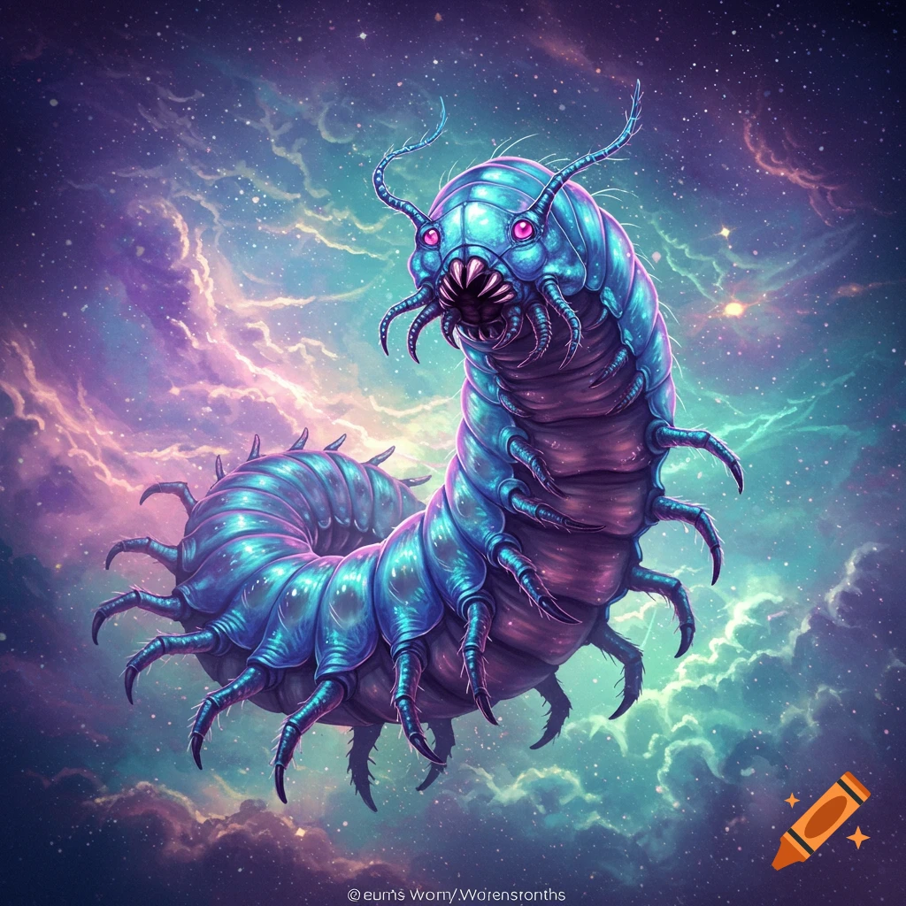 A blue and purple centipede-like monster creature in space with swirling nebulae.