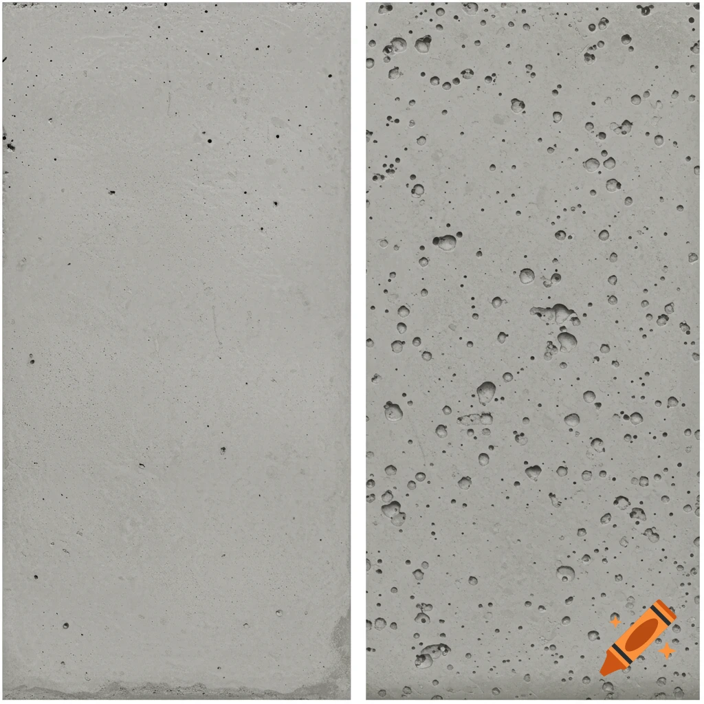 Two vertical panels show textures of concrete, one smooth and one with pinholes.